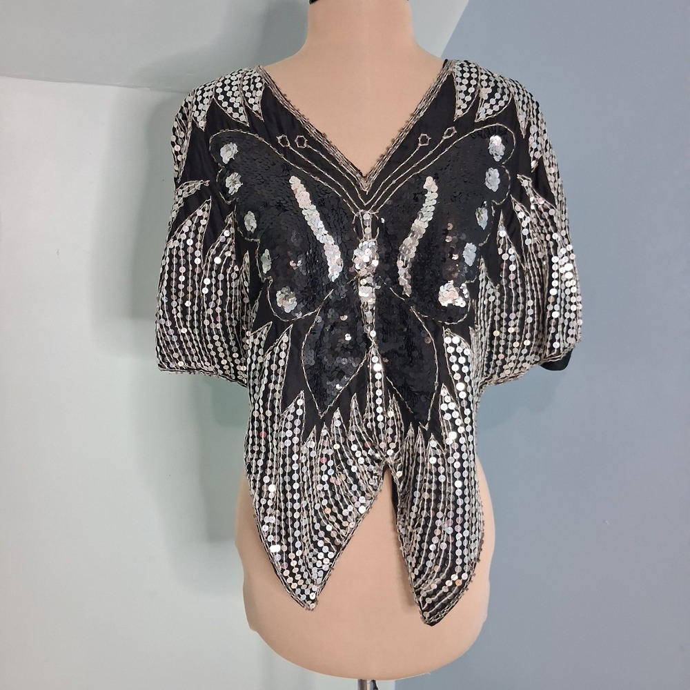 Silk Butterfly Sequin Beaded Top VTG Rave Black Silver Handcrafted India V-Neck